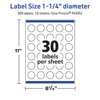 Avery TrueBlock Laser/Inkjet Round Multipurpose Labels, 1.25" Dia., White, 300 Labels/Pack (94505)