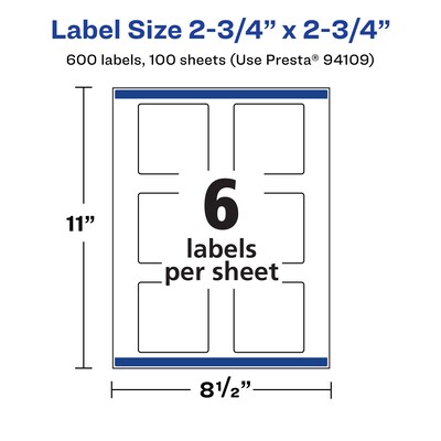 Avery Laser/Inkjet Multipurpose Labels, 2.75"  x 2.75", Matte White, 600/Box (94109)