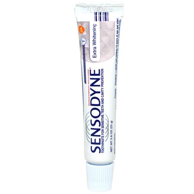 Sensodyne Extra Whitening Toothpaste, 0.8 oz Trial Size Tube, 12 Tubes/Bag, 12 Bags/Carton