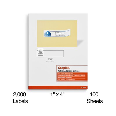 Staples® Laser/Inkjet Address Labels, 1 x 4, White, 20 Labels/Sheet, 100 Sheets/Pack, 2000 Sheets/