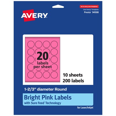 Avery Round Laser/Inkjet Multipurpose Labels, 1-2/3 Dia, Bright Pink (200/Pack)