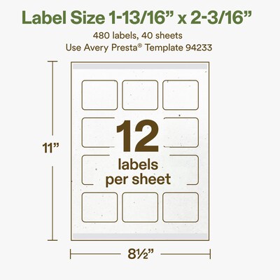 Avery Hemp Rectangle Laser/Inkjet Multipurpose Labels, 1-13/16" x 2-3/16", Off-White (480/Box)
