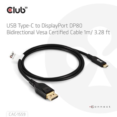 Club 3D 3.28 USB C to DisplayPort Audio/Video Cable, Male to Male, Black (CAC-1559)