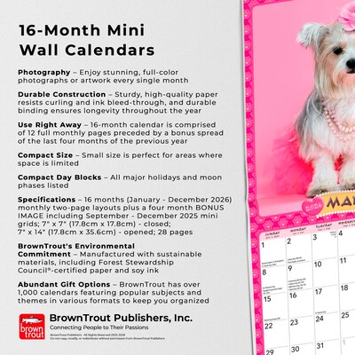 2026 BrownTrout Puppies in Pink 7" x 7" Monthly Wall Calendar (9798330707942)