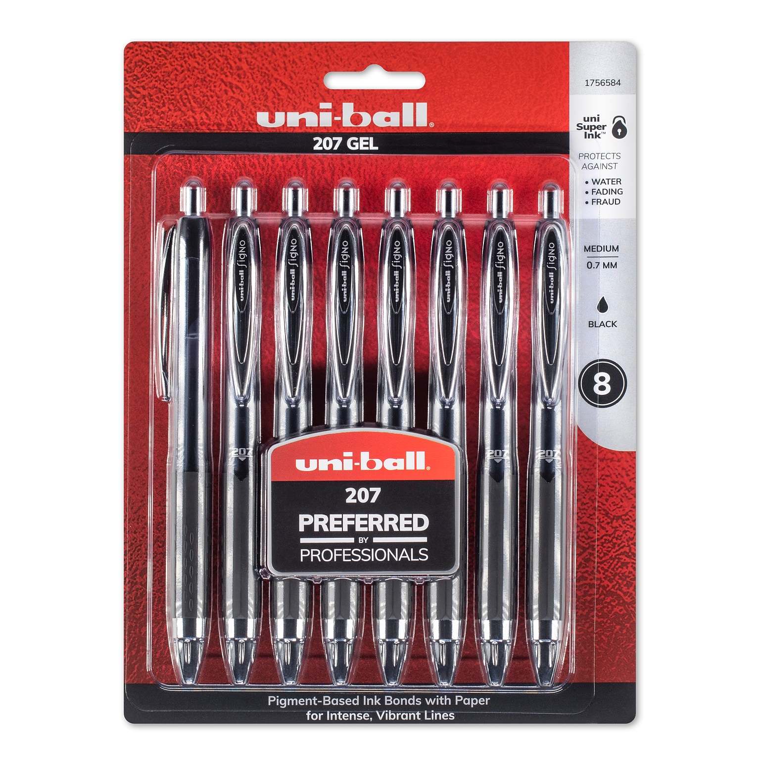 uniball 207 Retractable Gel Pens, Medium Point, 0.7mm, Black Ink, 8/Pack (1756584)