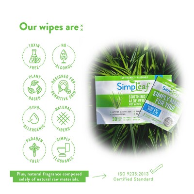 Simpleaf Aloe Vera Scented Flushable Wipes, 30 Single Wipes/Box, 6 Boxes/Carton (S-004-180counts)