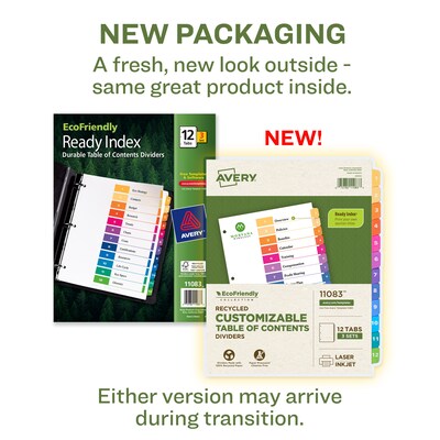Avery Ready Index Table of Contents EcoFriendly Paper Dividers, 1-12 Tabs, Multicolor, 3 Sets/Pack (11083)