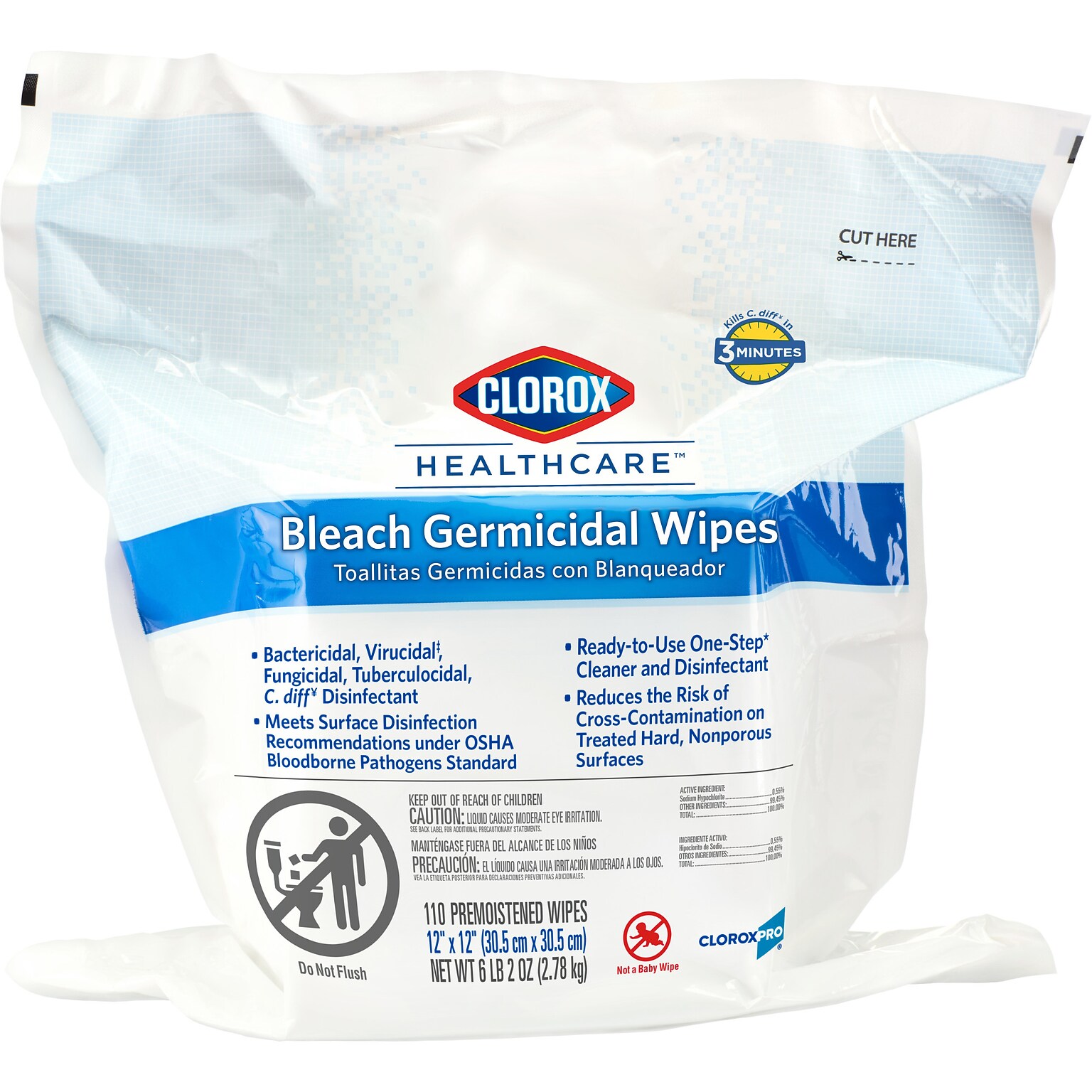 Clorox Healthcare Bleach Germicidal Wipes Refill, 110 Wipes/Container (30359)