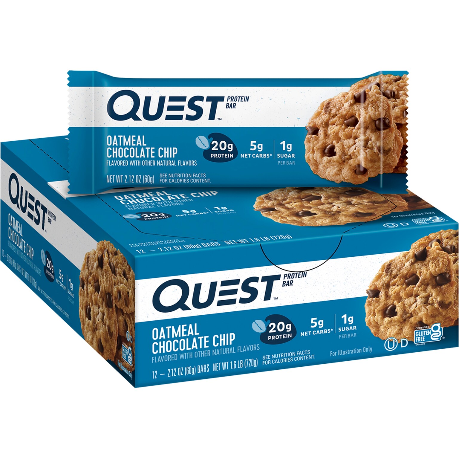 Quest Gluten Free Oatmeal Chocolate Chip Protein Bar, 2.12 oz., 12 Bars/Box (QPBOCC12)