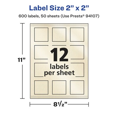 Avery Laser/Inkjet Square Pearlized Labels, 2" x 2", Ivory, 600 Labels/Box (94107)