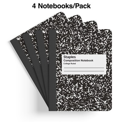 Staples® Composition Notebooks, 7.5" x 9.75", College Ruled, 100 Sheets, Black/White Marble, 4/Pack (ST58371)