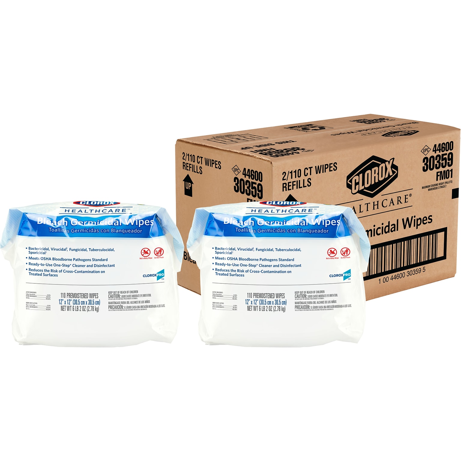 Clorox Healthcare Bleach Germicidal Wipes Refill, 110 Count Pouch, 2 Pouches/Case (30359)
