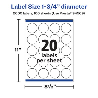 Avery Laser/Inkjet Multipurpose Circle Labels, 1.75" Dia, Glossy Clear, 2000/Box (94509)