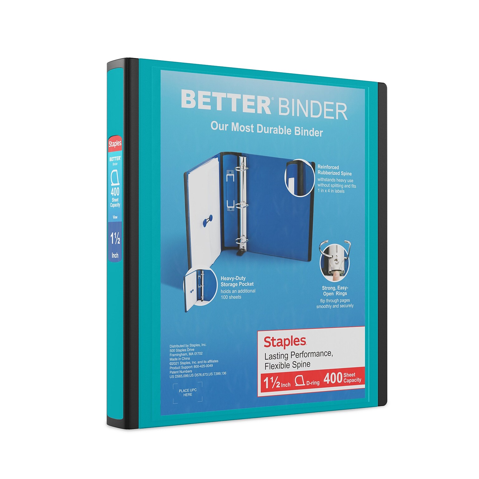 Staples Heavy Duty 1 1/2 3-Ring Better Binder, D-Ring, Teal (ST55858-CC)