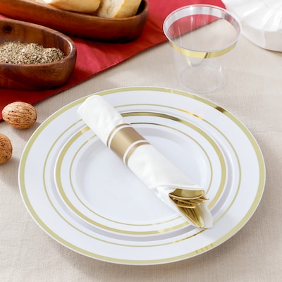 Round Elama Plastic Dinnerware Set, White/Gold, 350 Piece (935123348M)