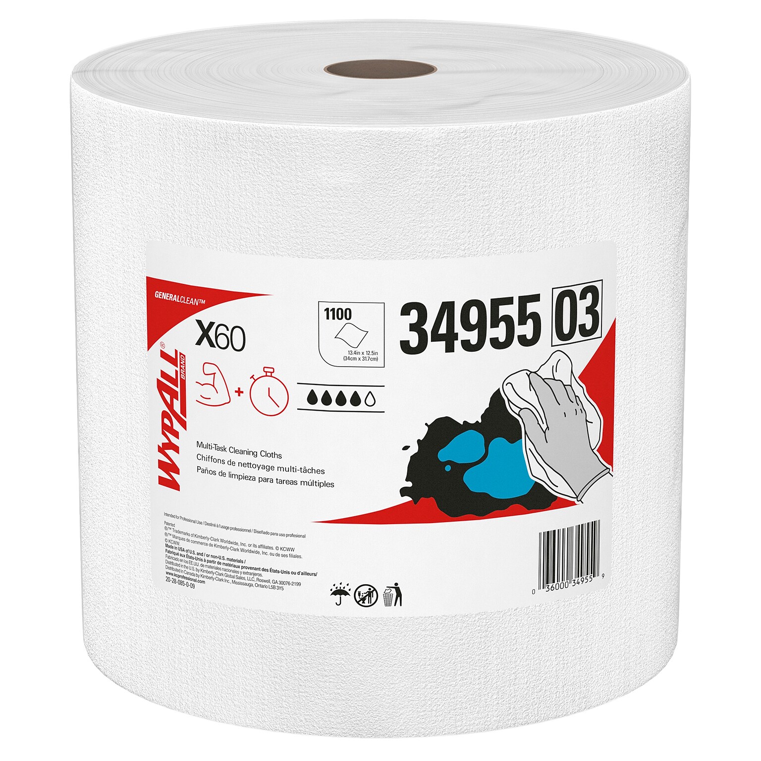 WypAll GeneralClean X60 Nylon Cleaning Wipers, 13.4 x 12.5, White, 1100 Sheets/Roll, 1100 Wipers/Box (34955)