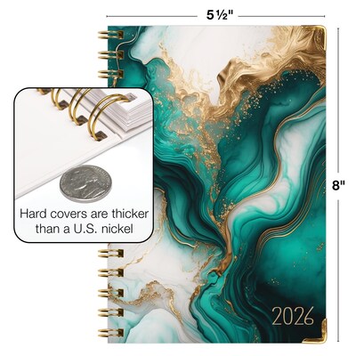 2026 Global Printed Products 5.5" x 8" Weekly & Monthly Planner, Paperboard Cover, Teal Gold Marble (FSHN-CY26-58-54)