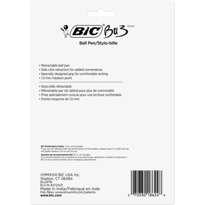 BIC BU3 Retractable Ballpoint Pens, Medium Point, Assorted Colors Ink, 18/Pack (BU3P18-AST)
