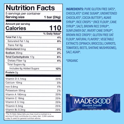 Madegood Gluten Free Chocolate Drizzled Vanilla Granola Bars, 0.85 oz., 5/Box, 6 Boxes/Pack (307-00427)