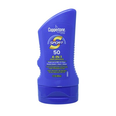 Coppertone Sport Sun Protection SPF 50 Lotion,  3 oz Travel Size Bottle, 8 Bottles/Bag, 12 Bags/Carton