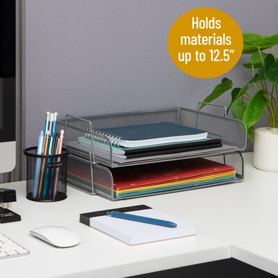 Mind Reader 2-Tier Stackable Paper Desk Tray, Metal, Silver, 2/Pack (DSTACK2-SIL)