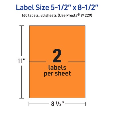 Avery Laser/Inkjet Multipurpose Rectangle Labels, 5.5" x 8.5", Bright Orange, 160/Box (94229)