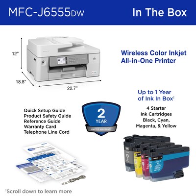 Brother INKvestment Tank MFC-J6555DW Wireless Color Inkjet Printer, All-In-One Supertank, Print, Scan, Copy, Fax