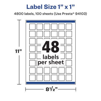 Avery Laser/Inkjet Waterproof Multipurpose Square Labels, 1" x 1", White, 4800 Labels/Box (94103)