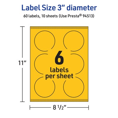 Avery Laser/Inkjet Round Multipurpose Labels, 3" Dia., Bright Yellow, 60/Pack (94513)