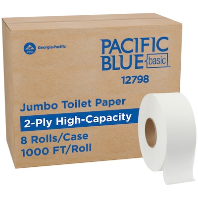 Georgia Pacific Blue Basic Recycled Jumbo Jr. Toilet Paper, 2-Ply, White, 1000 ft./Roll, 8 Rolls/Carton (12798)