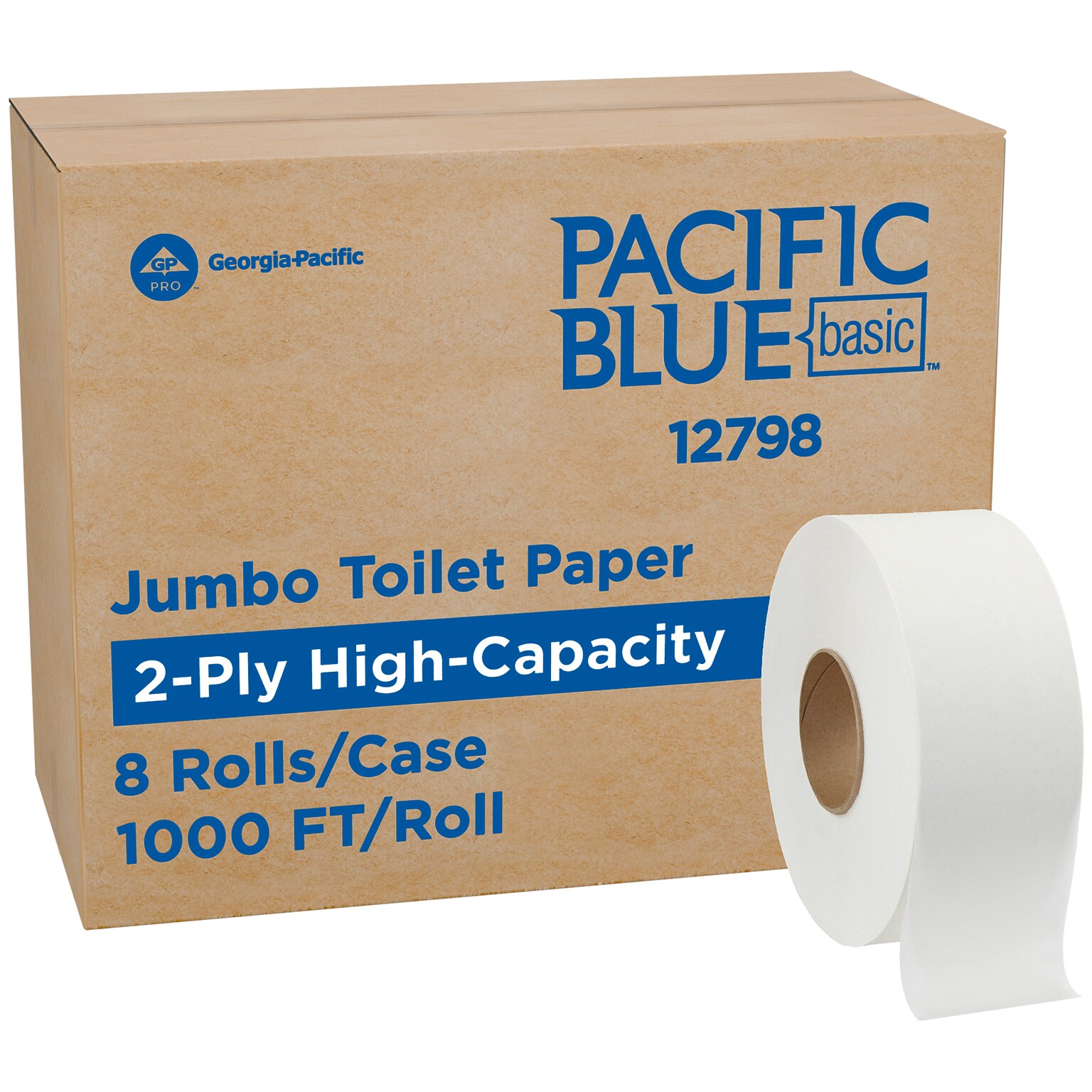 Georgia Pacific Blue Basic Recycled Jumbo Jr. Toilet Paper, 2-Ply, White, 1000 ft./Roll, 8 Rolls/Carton (12798)