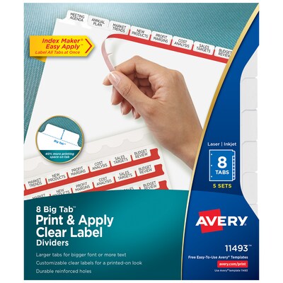 Avery Big Tab Print & Apply Label Blank Dividers, 8-Tab, Clear, 5/Set (11493)