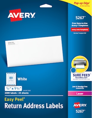 Avery Easy Peel Laser Return Address Labels, 1/2 x 1-3/4, White, 80 Labels/Sheet, 25 Sheets/Pack (