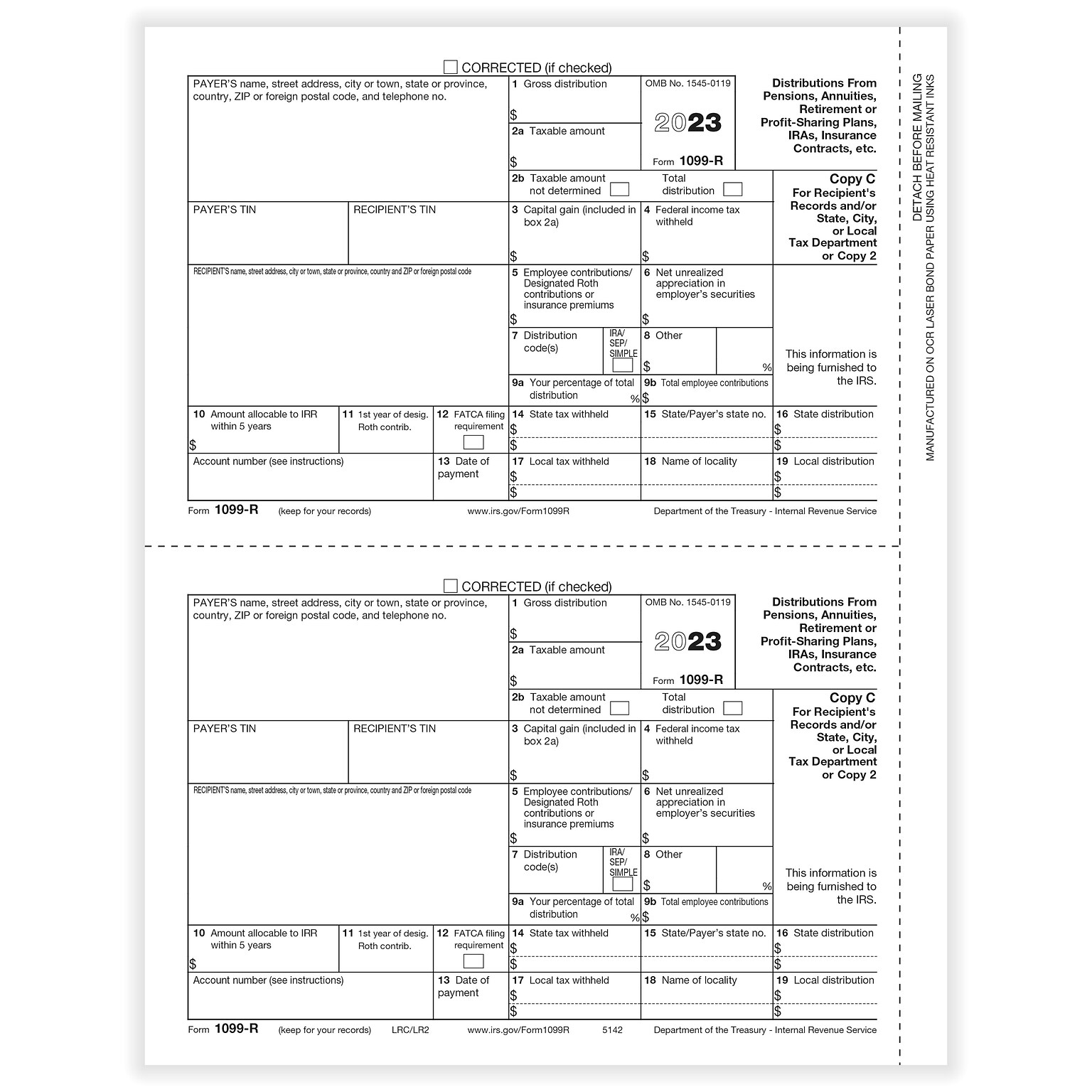 ComplyRight® 2023 1099-R Tax Form, Recipient Copy C and/or State, City or Local or Copy 2, 2-Up, 50/Pack (514250)