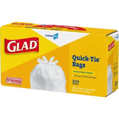 Glad Tall 13 Gallon Quick Tie Kitchen Trash Bag, White, 200 Total Bags (15931)