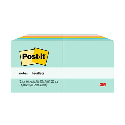 Post-it Notes, 3" x 3", Beachside Café Collection, 100 Sheets/Pad, 12 Pads/Pack (654-AST)