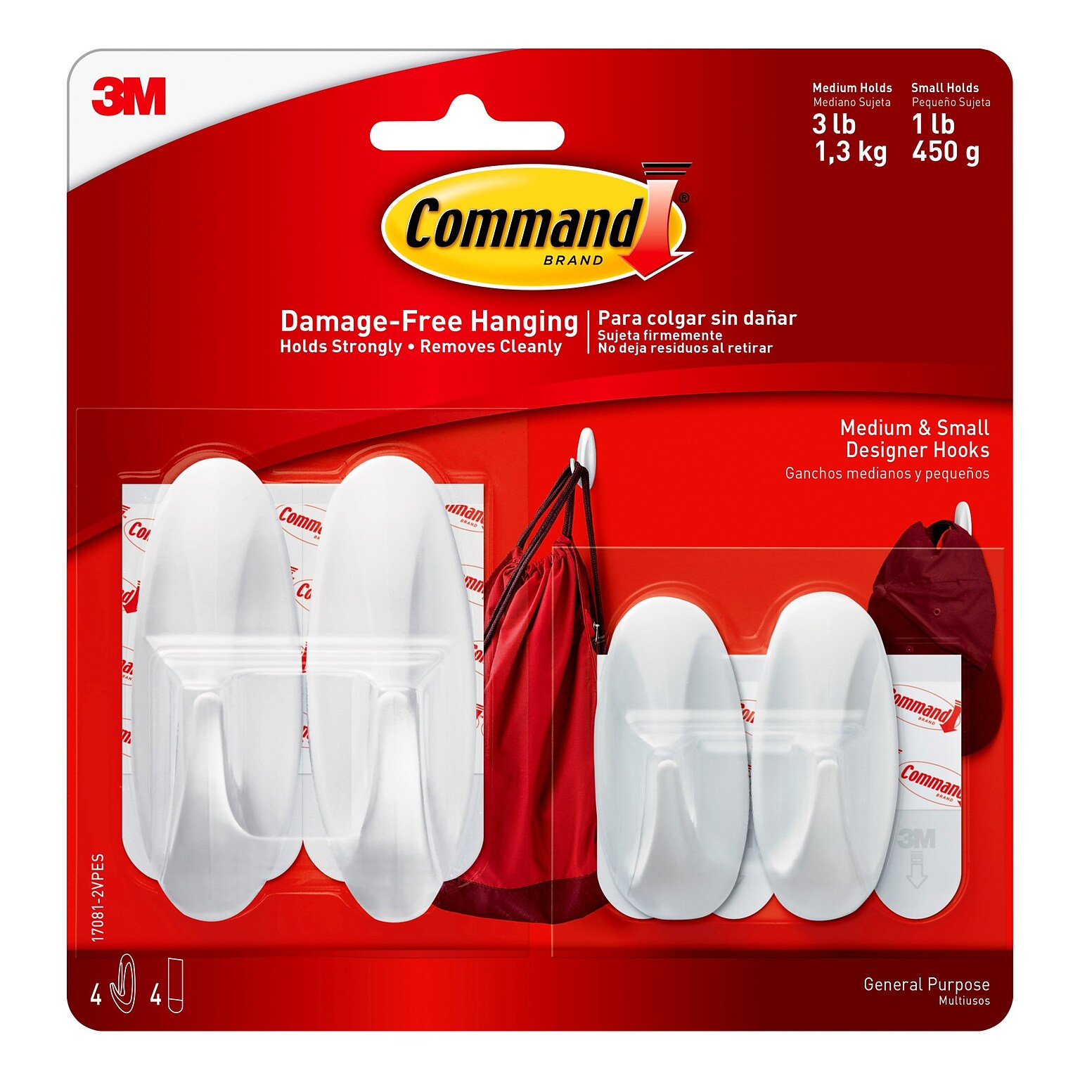 Command Small and Medium Hooks, White, 2-Small Command Hooks, 2-Medium Command Hooks, 2-Pairs (4-Command Strips) (17081-2VPES)