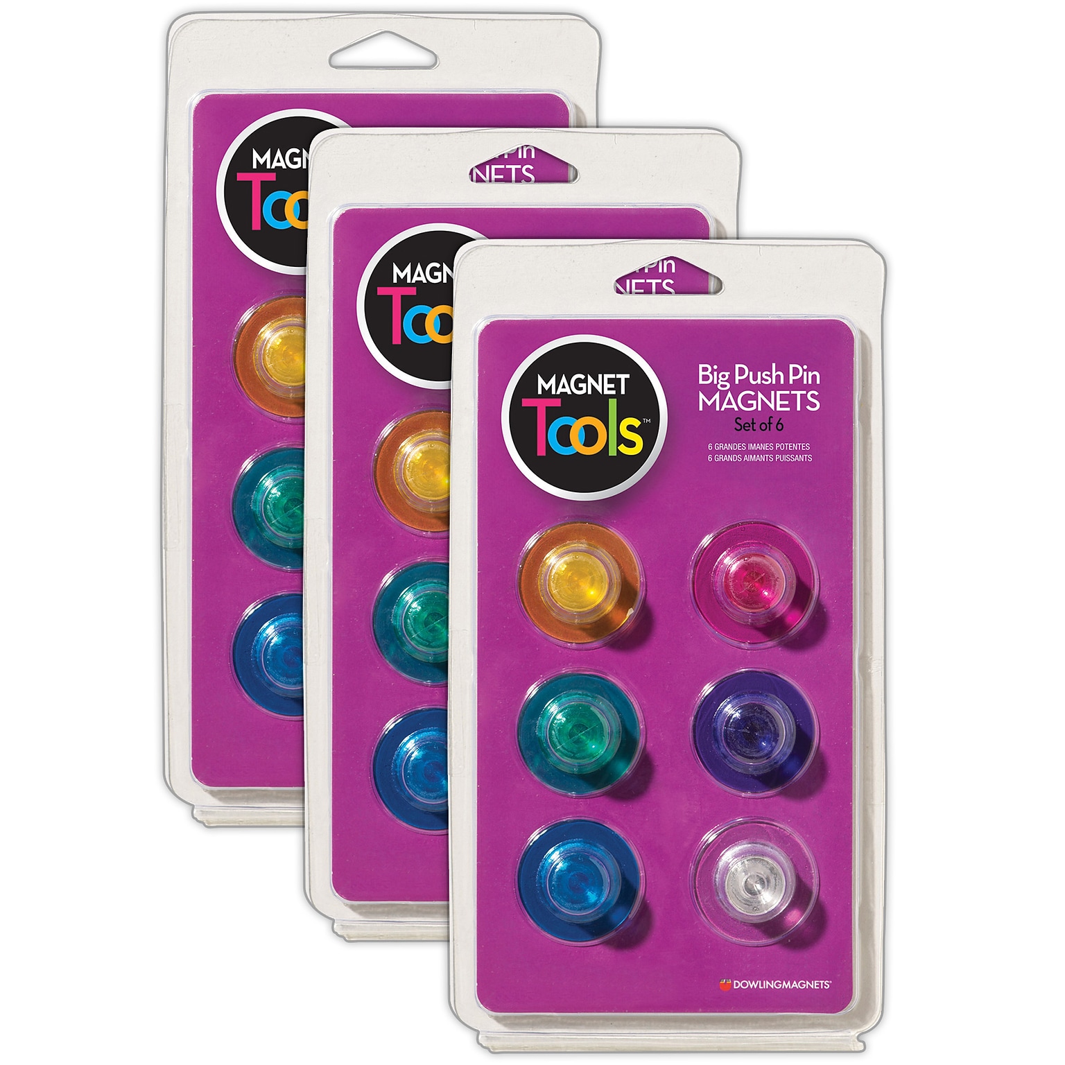 Dowling Magnets Magnet Tools Big Push Pin Magnets, 6/Pack, 3 Packs (DO-735021-3)