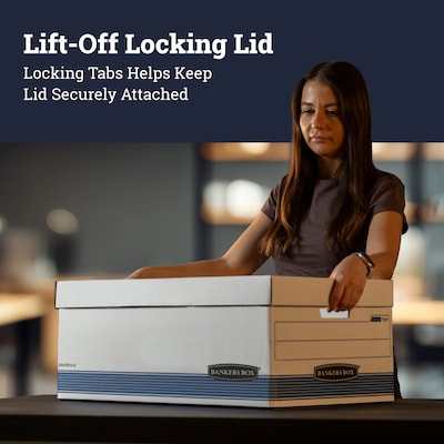 Bankers Box Medium-Duty FastFold Corrugated File Storage Boxes, Lift-Off Lid, Letter Size, White/Blue, 12/Carton (00701)