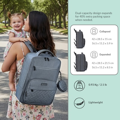 DUKAP Mom Pro Expandable Diaper Backpack, Large, Grey (BDKMOM17GRE)