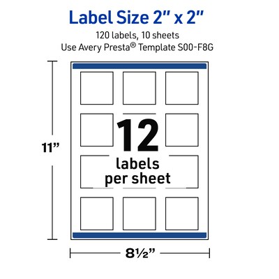 Avery Laser/Inkjet Square Multipurpose Labels, 2" x 2", White, 120/Pack (S00-F8G)