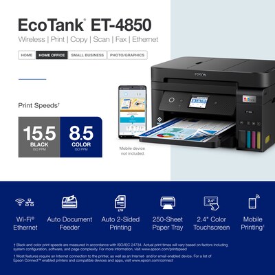 Epson EcoTank ET-4850-B Wireless Color Inkjet Printer, All-In-One Supertank, Print, Scan, Copy, Fax (9472544)