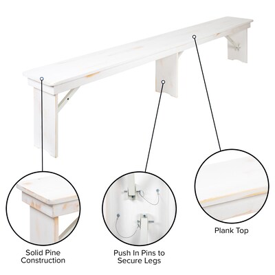 Flash Furniture Pine Wood 3-Seat Farm Table Folding Bench, Antique Rustic White (XAB96X12LWH)