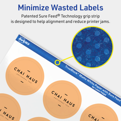 Avery TrueBlock Laser/Inkjet Round Multipurpose Labels, 1.5" Dia., White, 20 Labels/Sheet, 10 Sheets/Pack (94506-TWMP10)