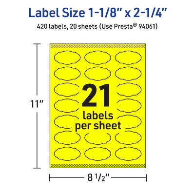 Avery Oval Scalloped Laser/Inkjet Multipurpose Labels, 1-1/8" x 2-1/4", Neon Yellow (420/Pack)