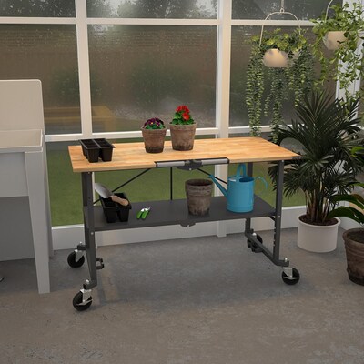 Cosco SmartFold Butcher Block Portable Workbench/Folding Utility Table w/ Locking Casters, 700 lb. Capacity, Brown (66765DKG1E)