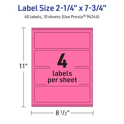 Avery Rectangle Laser/Inkjet Multipurpose Labels, 2.25" x 7.75", Bright Pink (40/Pack)