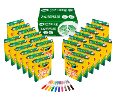 Crayola Water-Based Markers, Broad Line, Assorted Colors, 10 Markers/Box, 24 Boxes/Carton (58-7771)