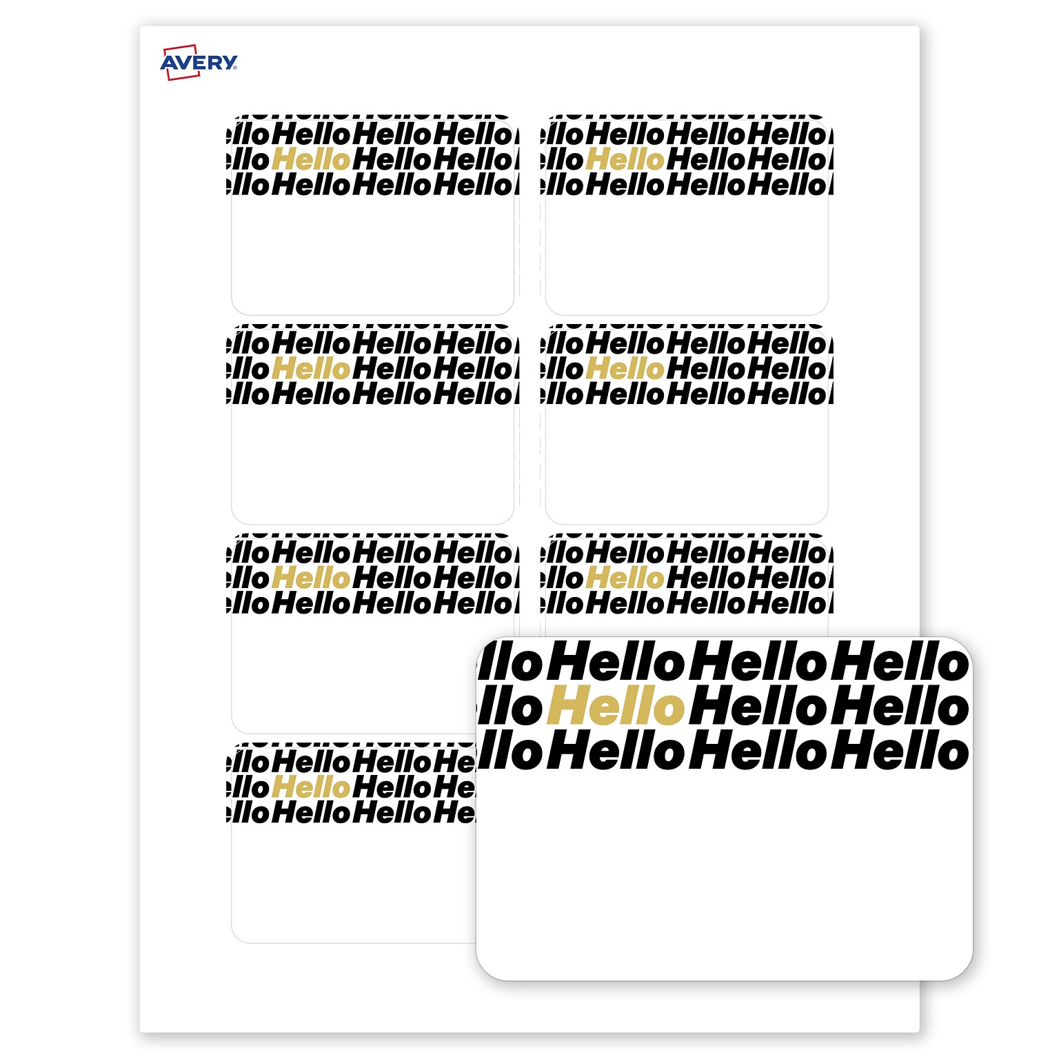 Avery Adhesive Name Tags, Pre-printed Gold/Black Hello Design
