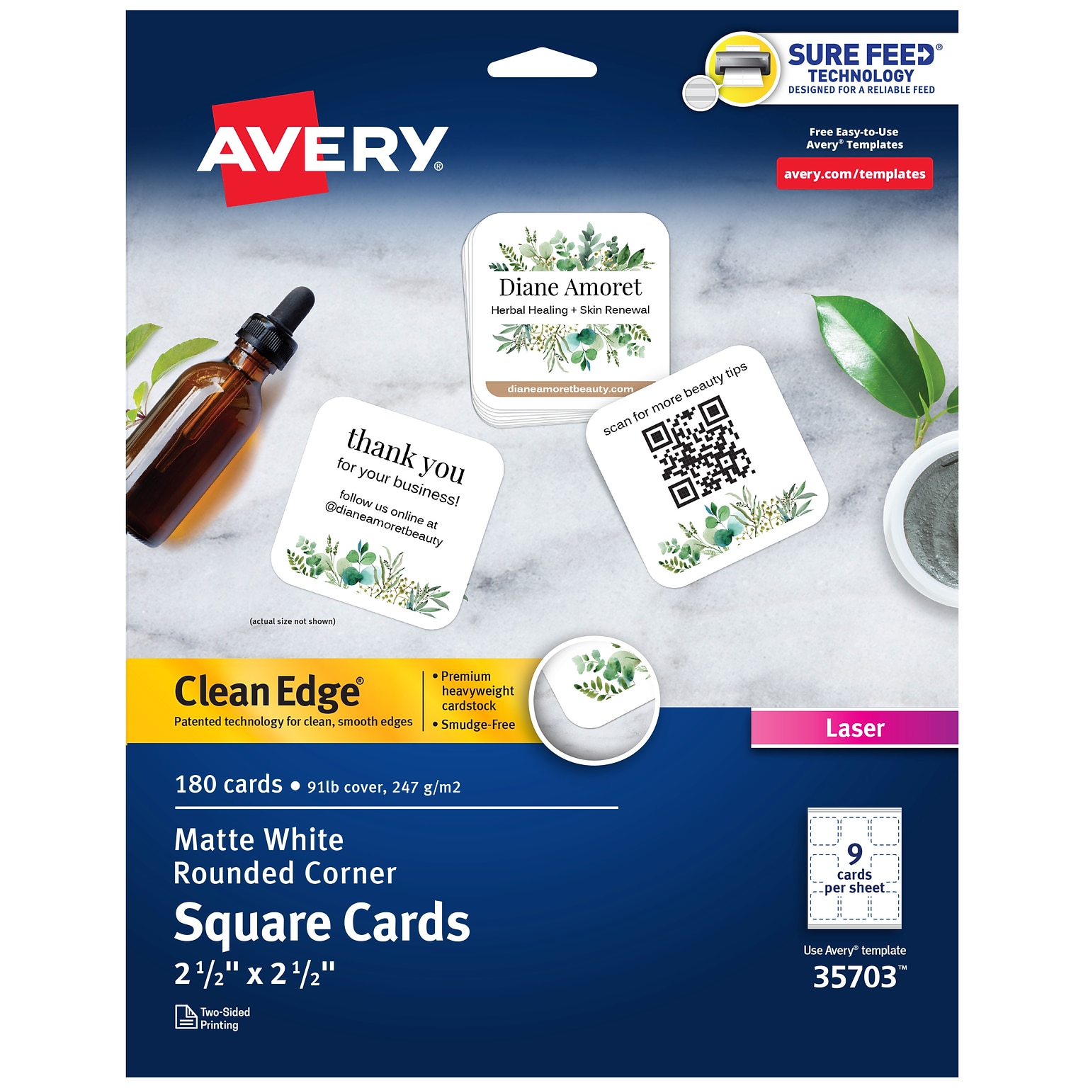 Avery Clean Edge Laser Square Cards with Rounded Corners, 2 1/2 x 2 1/2, White, 20 Sheets/Pack, 180 Cards/Pack (35703)
